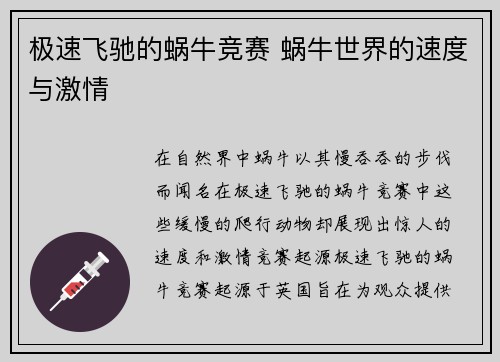 极速飞驰的蜗牛竞赛 蜗牛世界的速度与激情